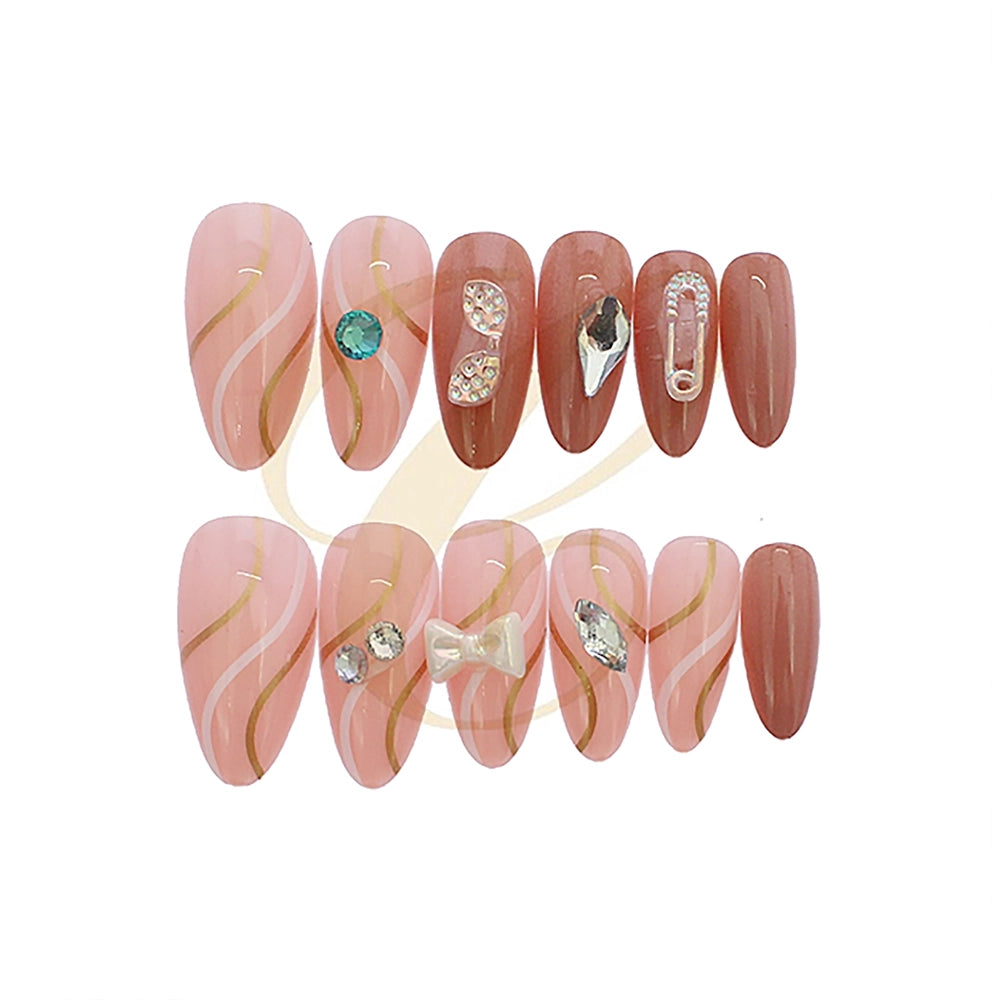 Press-On Nails Set – Almond Fake Nails with Rhinestone Gems, Bow Accents & French Tip Designs (Reusable Glue-On Artificial Nails) (RAN-0300R)