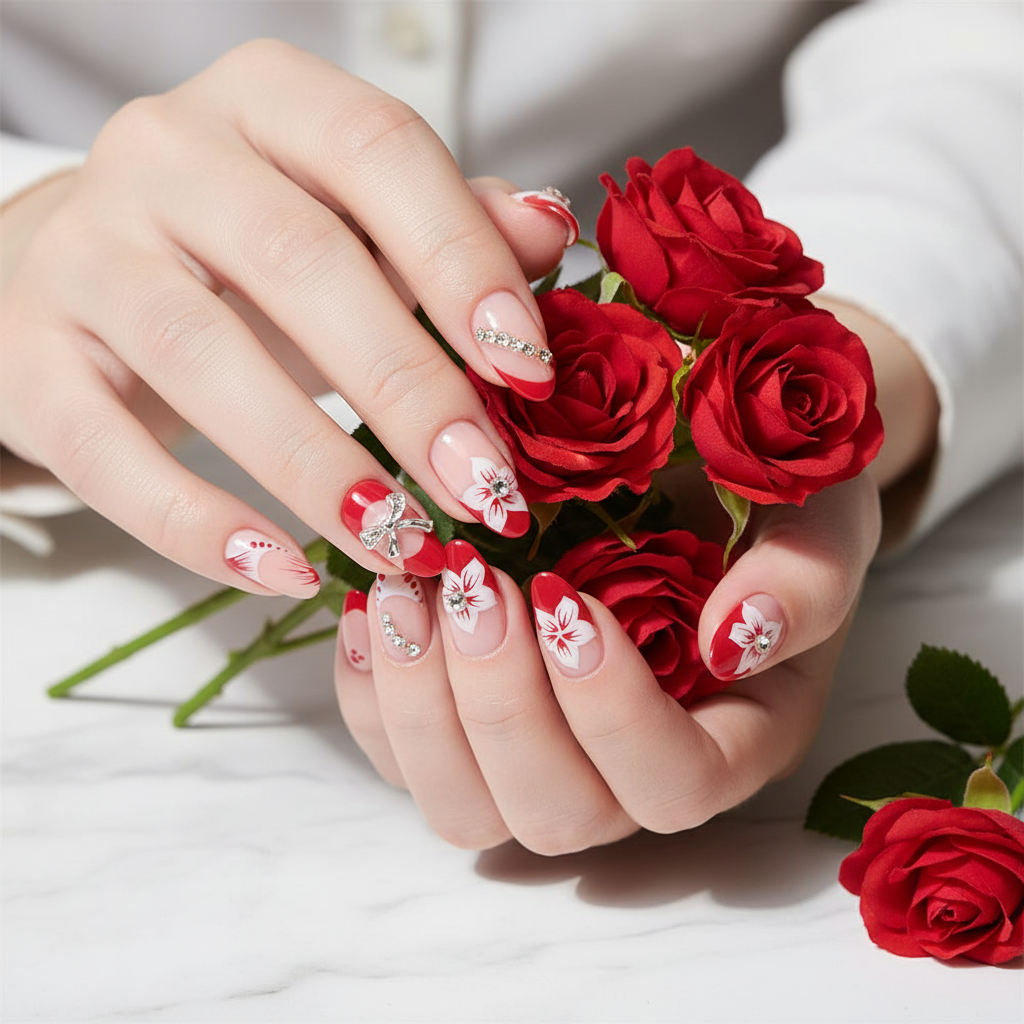 12-Piece Luxury Press-On Nails Set | Reusable Almond Fake Nails with 3D Rhinestone & Bow Designs (RAN-0305R)