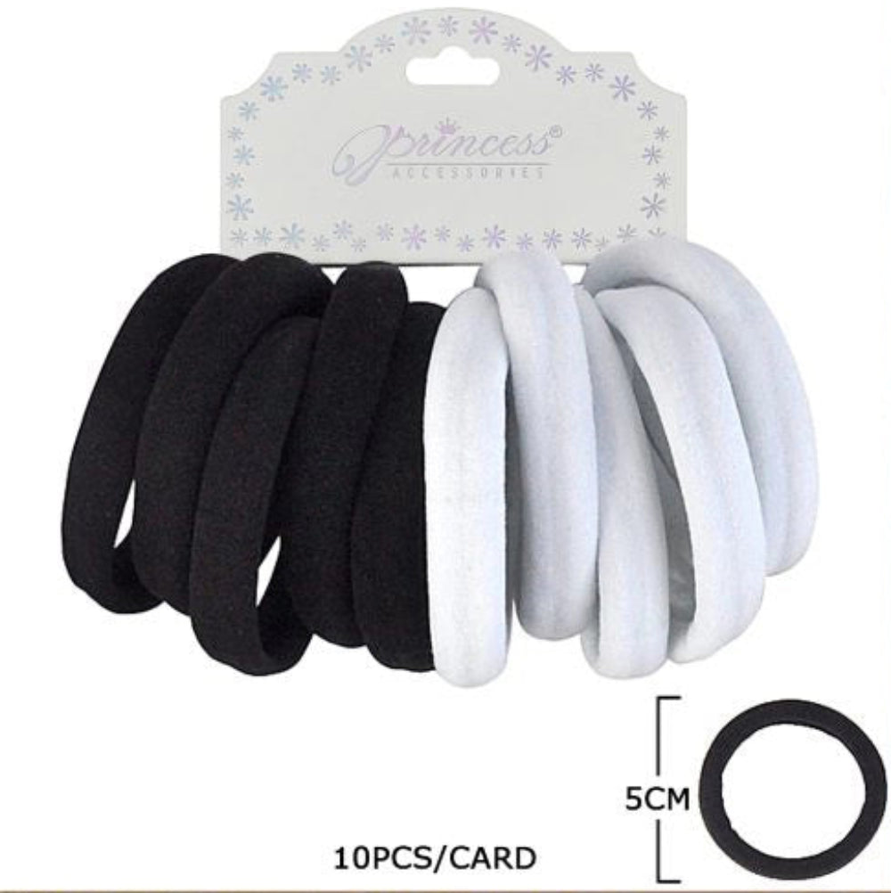 Seamless Cotton Hair Ties Set – 10/12 Pack Soft Elastic Ponytail Holders for Thick & Curly Hair – Black and White No-Damage Hair Bands (5cm Diameter) (RB-011BW)