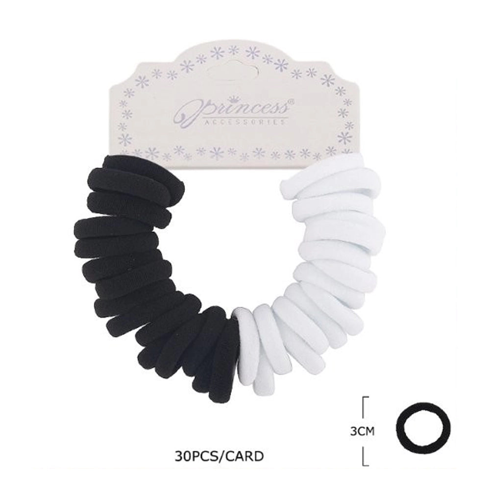No-Crease Cotton Stretch Hair Ties – 30 Piece Bulk Set – Black & White Seamless Ponytail Holders (RB-32002BW)