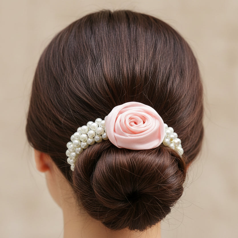 Elegant Satin Rose & Pearl Elastic Hair Scrunchie - Romantic Floral Wristlet (RB-51265M)
