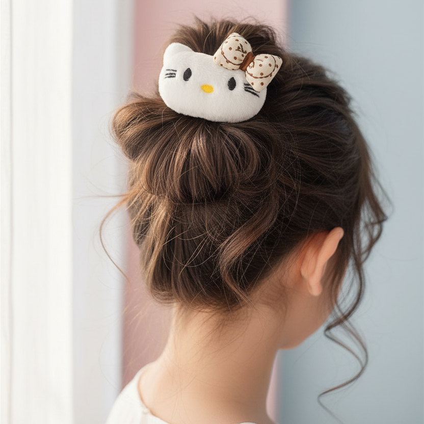 Plush Cartoon Cat Hair Ties with Polka Dot Bows – Soft Fluffy Kitten Elastic Hair Bands (RB-51278M)