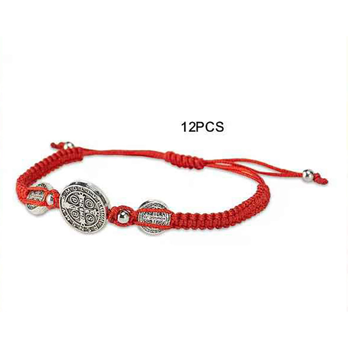 12-Piece Saint Benedict Red String Protection Bracelet Set – Adjustable Braided Cord with Silver Medals (RB08C)