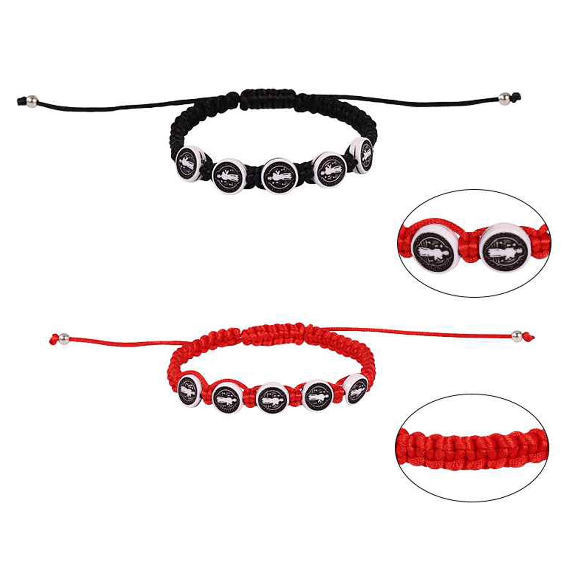 Handmade Woven San Benito Bracelet Set – Adjustable Red & Black Cord Saint Benedict Medal Protection Bracelets (RB09)