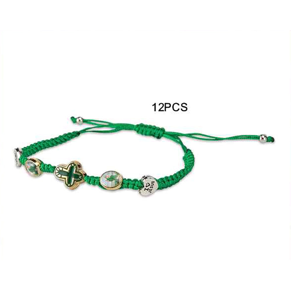12-Piece Pack Religious Cross & Saint Charm Woven Macrame Bracelets – Green Adjustable Braided Rope "I Love Jesus" Faith Jewelry Set (RB16)