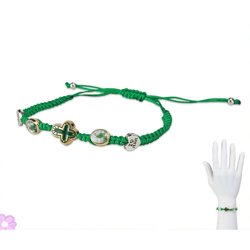 12-Piece Pack Religious Cross & Saint Charm Woven Macrame Bracelets – Green Adjustable Braided Rope "I Love Jesus" Faith Jewelry Set (RB16)