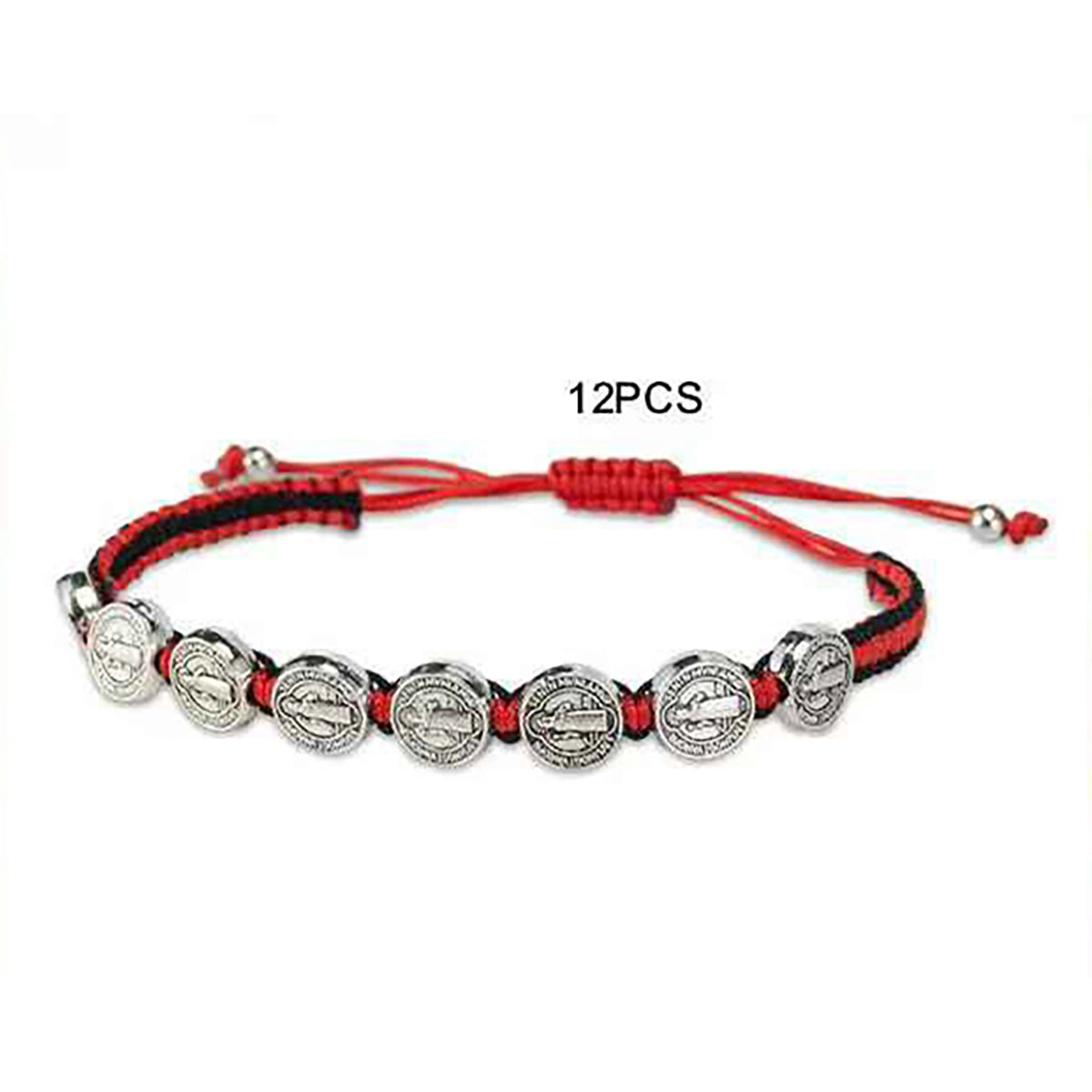 San Benito Medal Braided Cord Bracelet – Adjustable Red & Black Catholic Saint Benedict Protection Wristband 12pcs (RB17C)