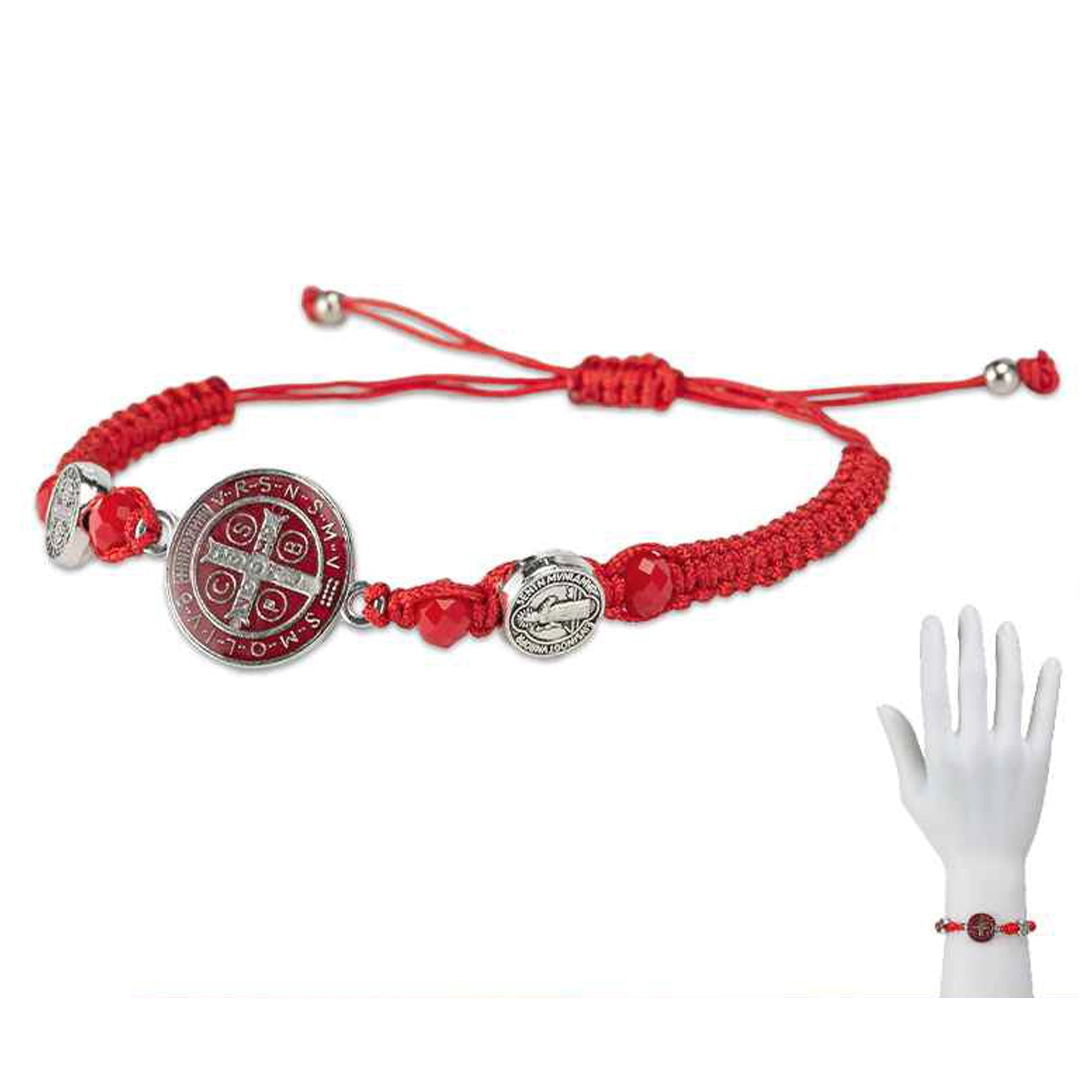 San Benito Red String Bracelet Pack (12 Pcs) – Adjustable Handwoven Saint Benedict Protection Bracelet with Red Crystal Beads and Medals (RB18)