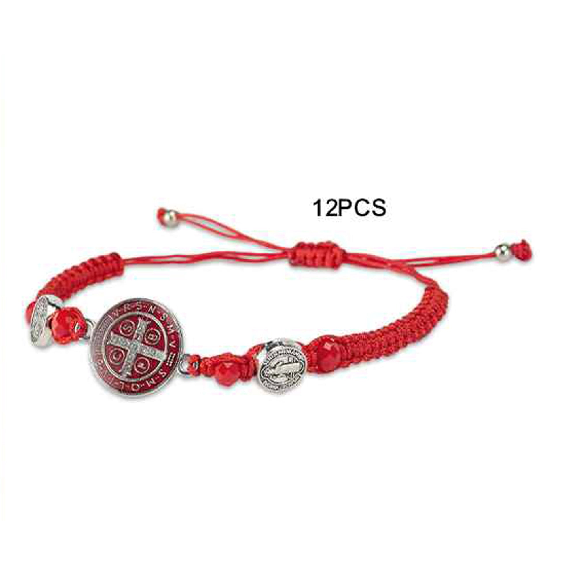 San Benito Red String Bracelet Pack (12 Pcs) – Adjustable Handwoven Saint Benedict Protection Bracelet with Red Crystal Beads and Medals (RB18)