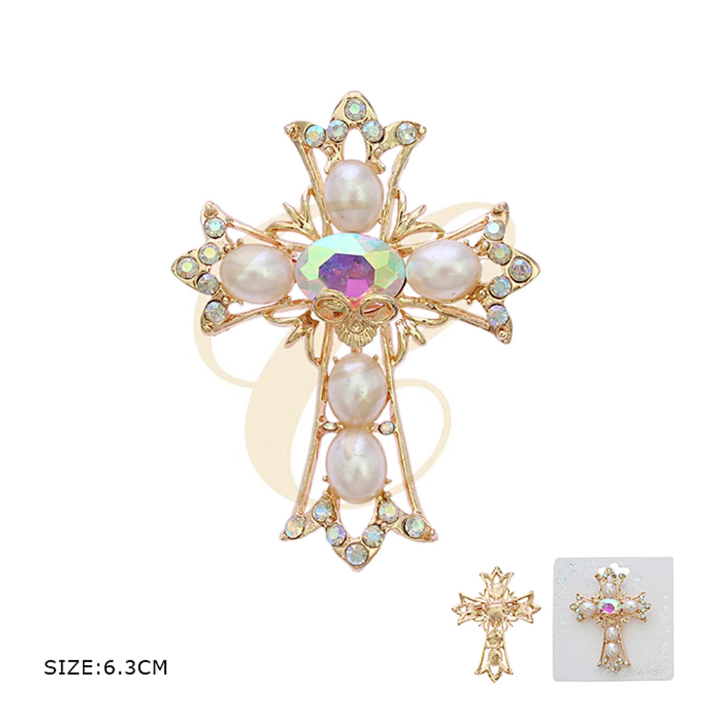 Pearl and Rhinestone Ornate Cross Brooch (RBC-0015GS)