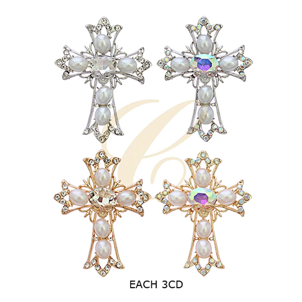 Pearl and Rhinestone Ornate Cross Brooch (RBC-0015GS)