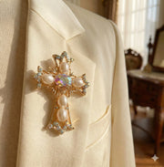 Pearl and Rhinestone Ornate Cross Brooch (RBC-0015GS)