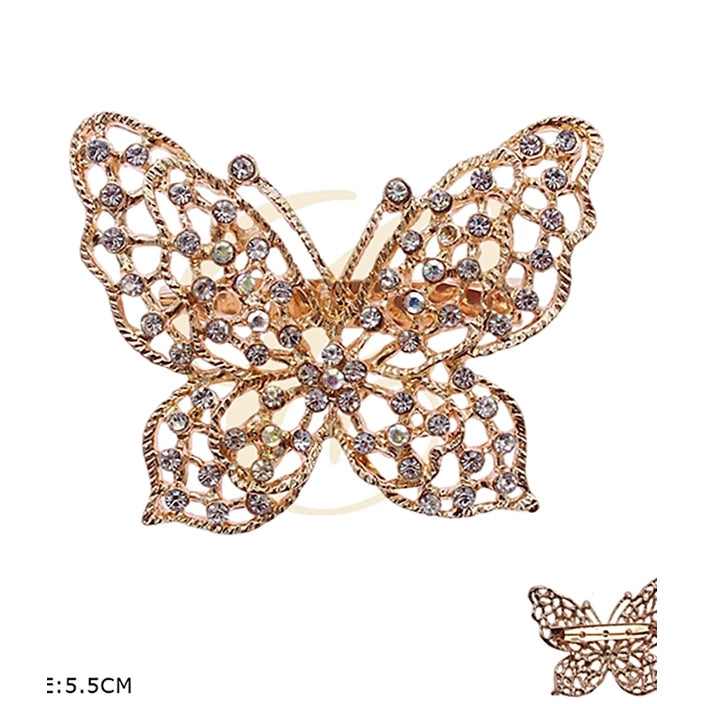 Sparkling Filigree Butterfly Crystal Rhinestone Brooch Pin 5.5cm | Gold & Silver Metallic Butterfly Lapel Pin Assortment (12 Pack Bulk) | RBC-0042GS