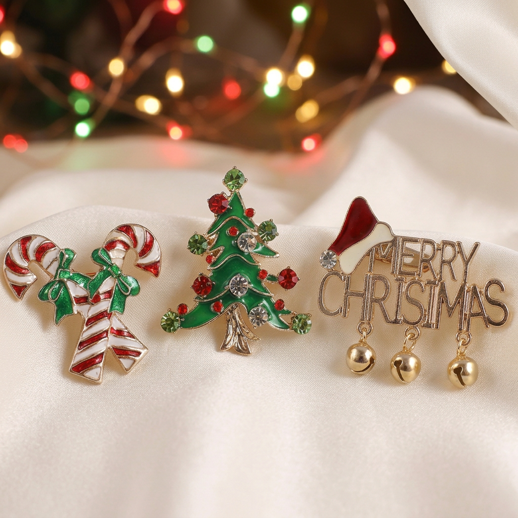 Festive Christmas Enamel & Crystal Rhinestone Brooch Pin Set 4CM | Holiday Christmas Tree, Candy Canes & "Merry Christmas" Lapel Pin Assortment (12 Pack Bulk)  RBC-0051GS
