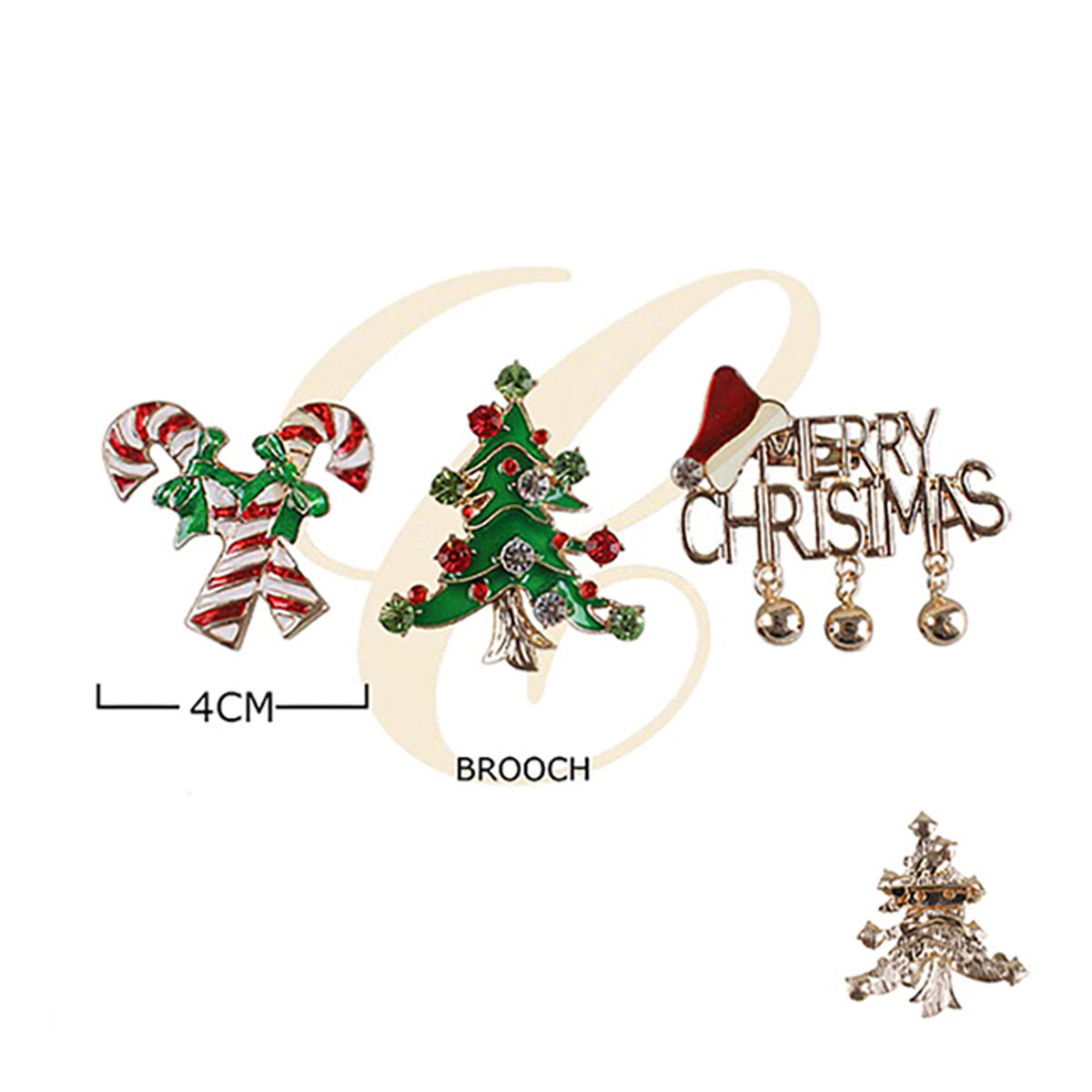 Festive Christmas Enamel & Crystal Rhinestone Brooch Pin Set 4CM | Holiday Christmas Tree, Candy Canes & "Merry Christmas" Lapel Pin Assortment (12 Pack Bulk)  RBC-0051GS