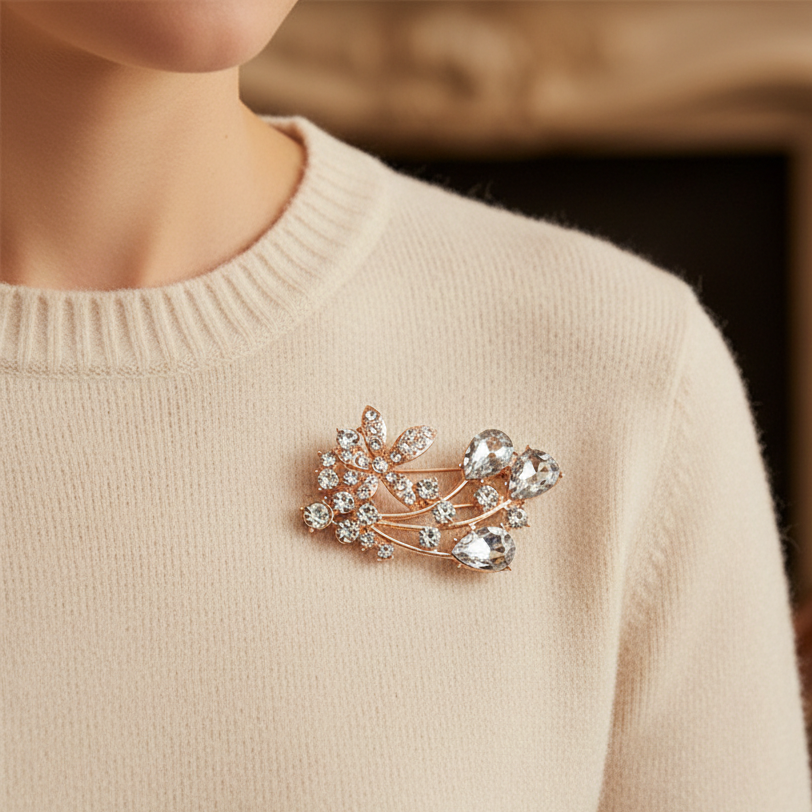 Elegant Floral Crystal Brooch Pin – Sparkling Teardrop Rhinestone Jewelry for Weddings, Proms, and Formal Events (Gold & Silver Tones) (RBC-0057GS)