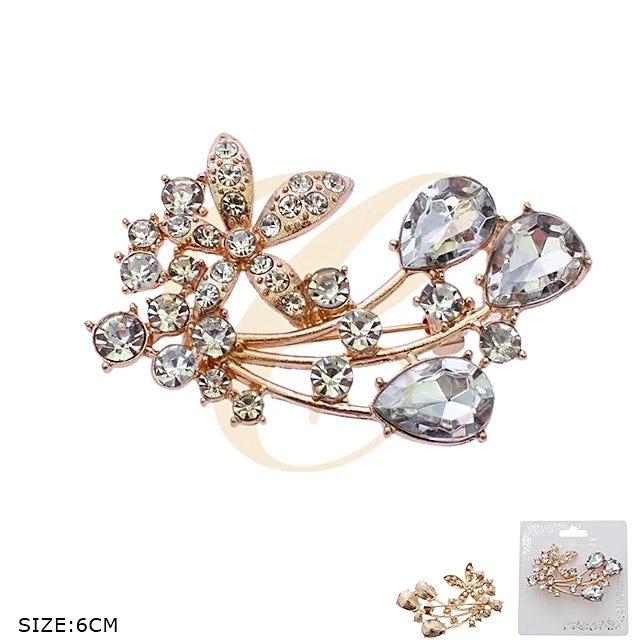 Elegant Floral Crystal Brooch Pin – Sparkling Teardrop Rhinestone Jewelry for Weddings, Proms, and Formal Events (Gold & Silver Tones) (RBC-0057GS)