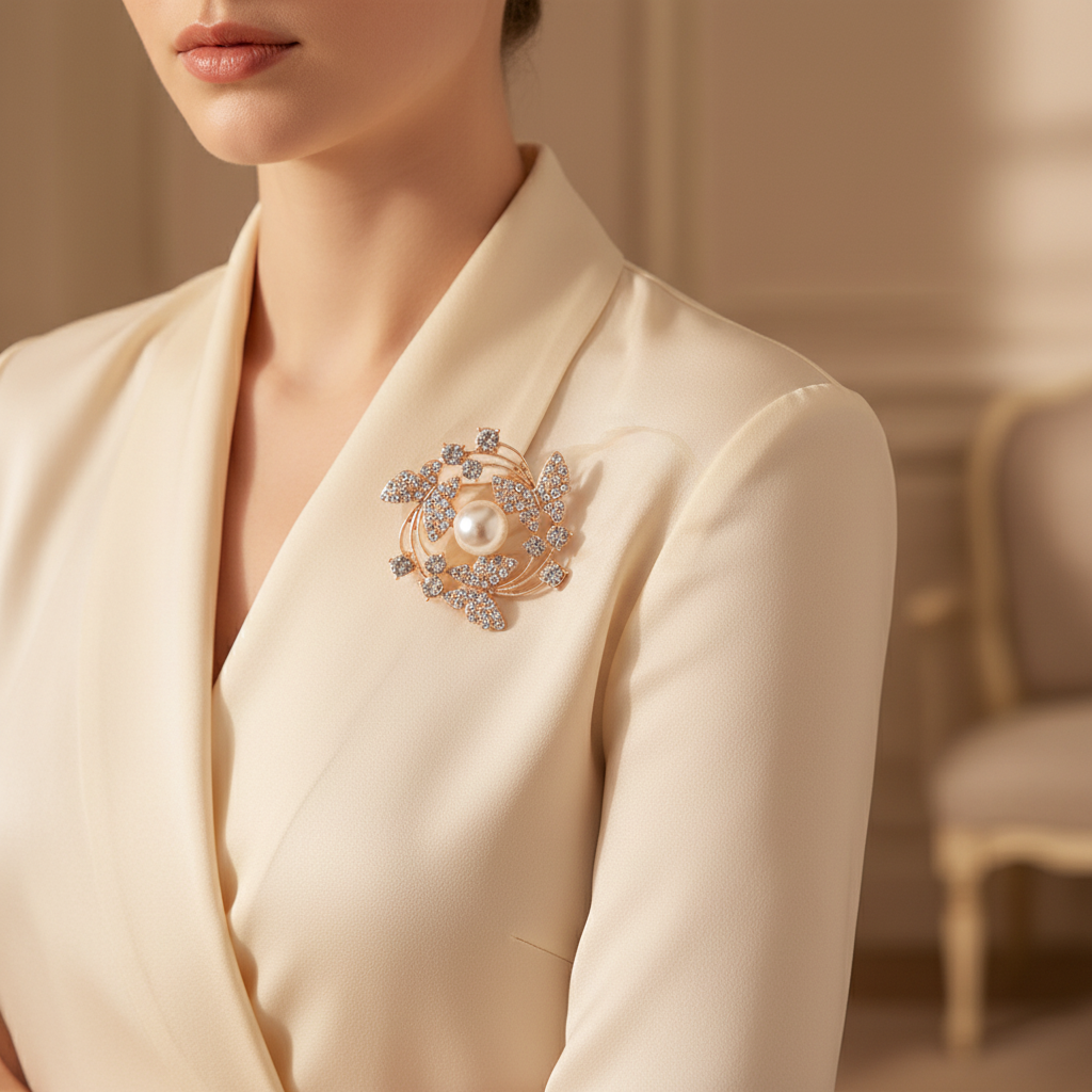 Butterfly & Pearl Crystal Brooch – Elegant Rhinestone Floral Wreath Lapel Pin for Weddings, Galas, and Formal Wear (Gold & Silver Finish) (RBC-0149GS)