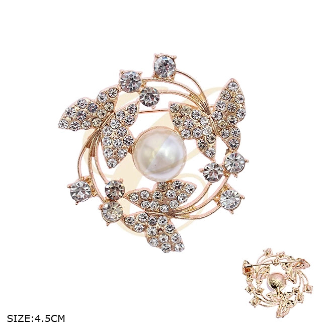 Butterfly & Pearl Crystal Brooch – Elegant Rhinestone Floral Wreath Lapel Pin for Weddings, Galas, and Formal Wear (Gold & Silver Finish) (RBC-0149GS)