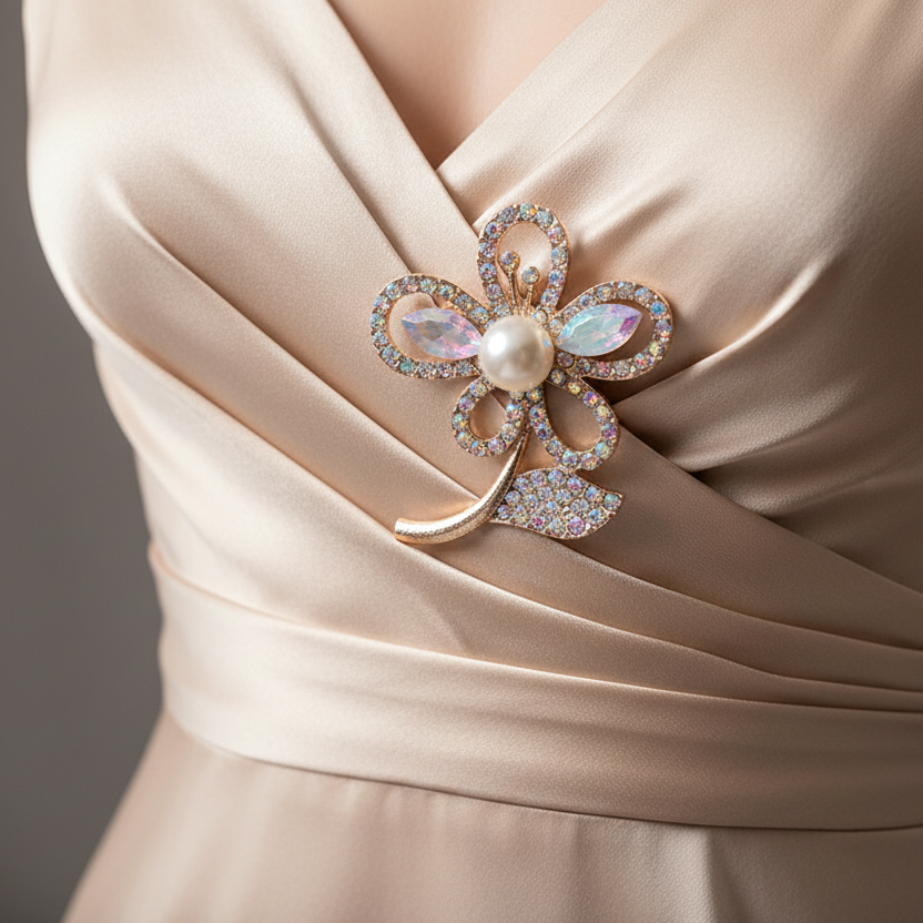 Elegant Crystal Flower Brooch Pin – Sparkling Floral Hair Clip with Faux Pearl Center (RBC-0150GS)