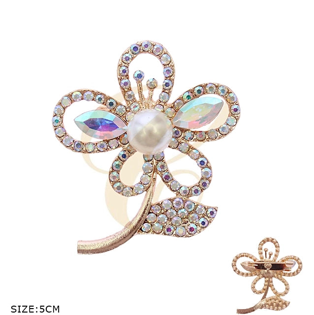 Elegant Crystal Flower Brooch Pin – Sparkling Floral Hair Clip with Faux Pearl Center (RBC-0150GS)