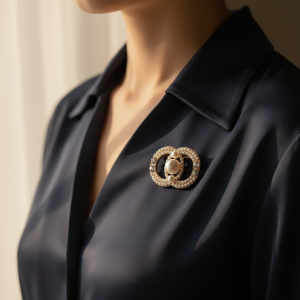 Elegant Interlocking Circles Pearl and Crystal Fashion Brooch (RBC-0153GS)