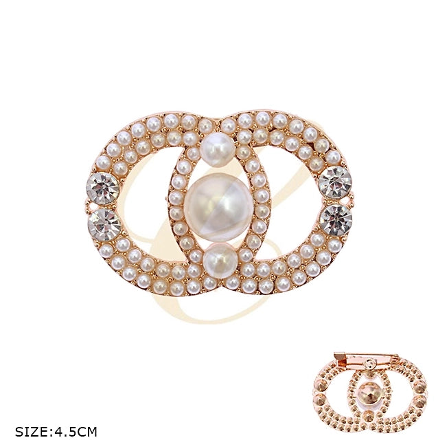 Elegant Interlocking Circles Pearl and Crystal Fashion Brooch (RBC-0153GS)