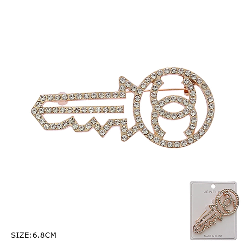 Vintage-Style Crystal Key Brooch – Sparkling Rhinestone Skeleton Key Pin for Lapels, Scarves, and Hats – Elegant 6.8cm (RBC-0186GS)
