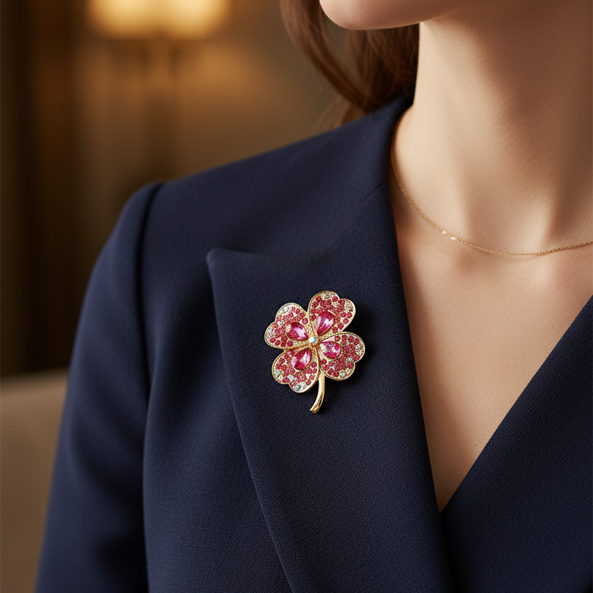 Sparkling Four-Leaf Clover Rhinestone Brooch Pin – Crystal Lucky Clover Badge for Scarf, Dress, Coat & Lapel (4cm) (RBC-0187R)