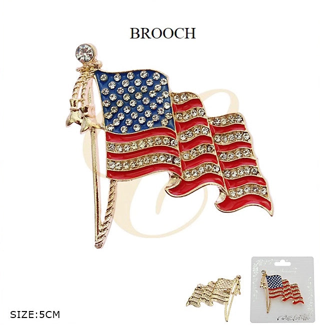 American Flag Rhinestone Brooch Pin - Patriotic Lapel Accessory (RBC-0232GS)