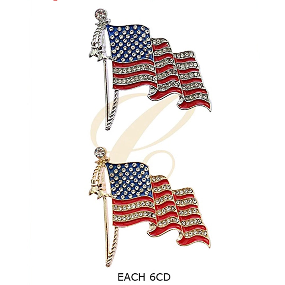 American Flag Rhinestone Brooch Pin - Patriotic Lapel Accessory (RBC-0232GS)