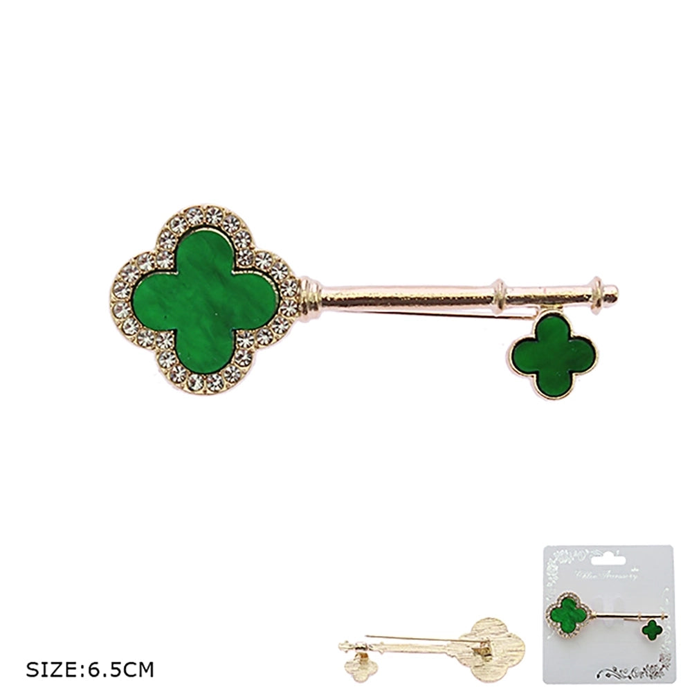 Quatrefoil Key Brooch Pin – Sparkling Crystal & Enamel Lucky Clover Charm Accessory (RBC-0233R6)