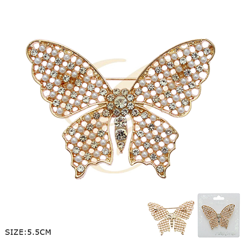 Crystal and Pearl Butterfly Brooch – Vintage Filigree Silver & Gold Tone Pin – 5.5cm (RBC-0234GS)