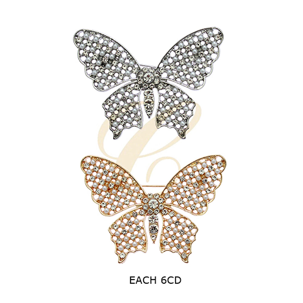 Crystal and Pearl Butterfly Brooch – Vintage Filigree Silver & Gold Tone Pin – 5.5cm (RBC-0234GS)