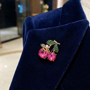 Whimsical Cherry & Honeybee Brooch – Sparkling Crystal Fruit Pin with Gold Filigree Bee (