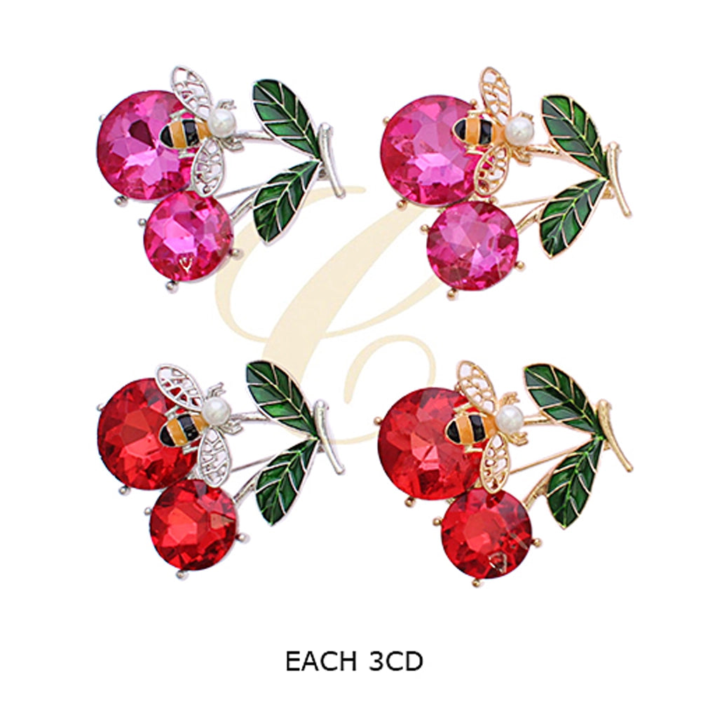 Whimsical Cherry & Honeybee Brooch – Sparkling Crystal Fruit Pin with Gold Filigree Bee (