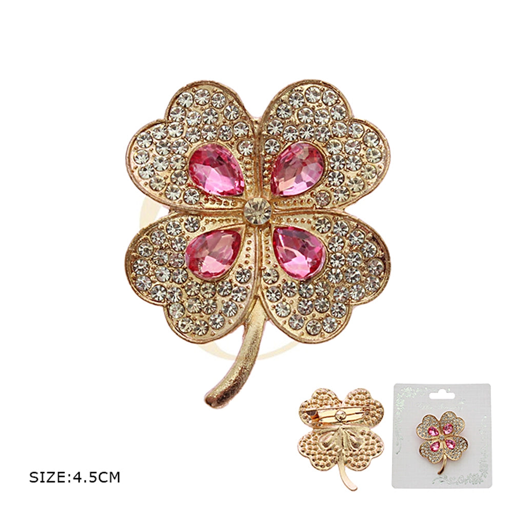 Sparkling Four-Leaf Clover Brooch with Teardrop Crystals – 4.5cm Lucky Charm Pin (RBC-0248R)