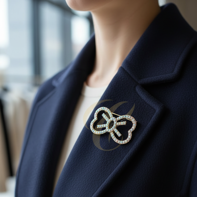 Sparkly Rhinestone Bow Brooch Pin for Women – Elegant Crystal Bowknot Fashion Badge Accessory for Wedding, Party, and Clothes Decoration (RBC-0249GS)