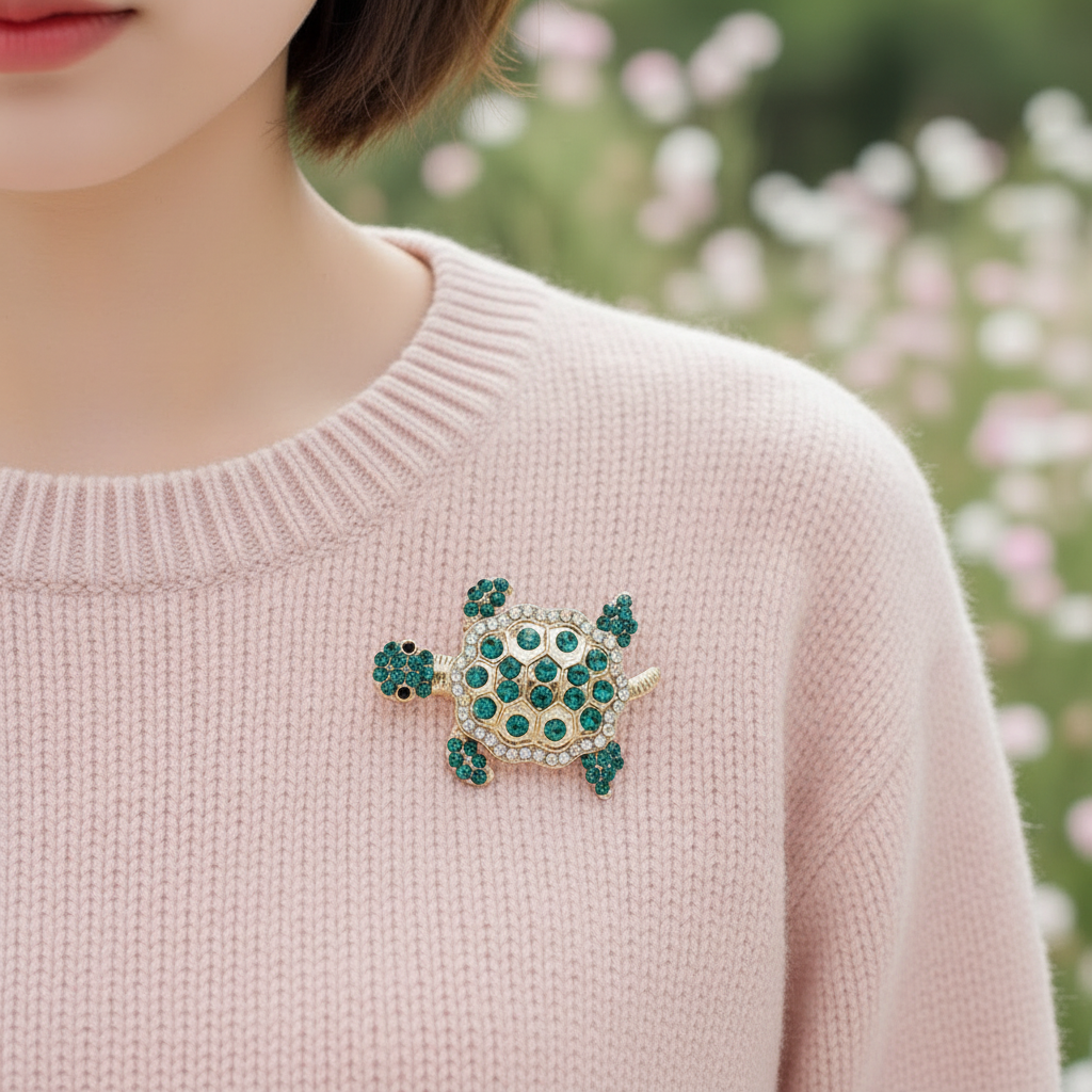 Sparkling Turtle Brooch Pin – Crystal Embellished Animal Lapel Pin for Jackets, Scarves, and Accessories (RBC-0254R6)