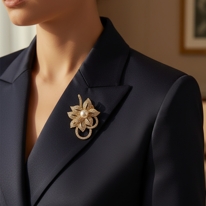 Elegance in Bloom: Rhinestone Flower Brooch with Pearl Center (RBC-0264GS)