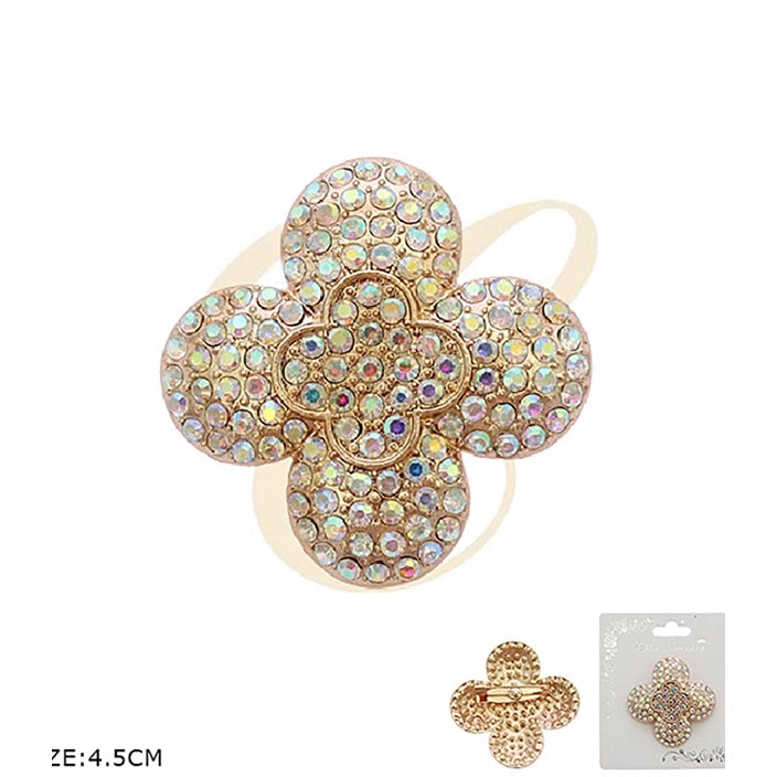 Full Pavé Four-Leaf Clover Crystal Rhinestone Brooch Pin 4.5cm | Luxury Clover Lapel Pin Assortment (12 Pack Bulk)  (RBC-0277GS)