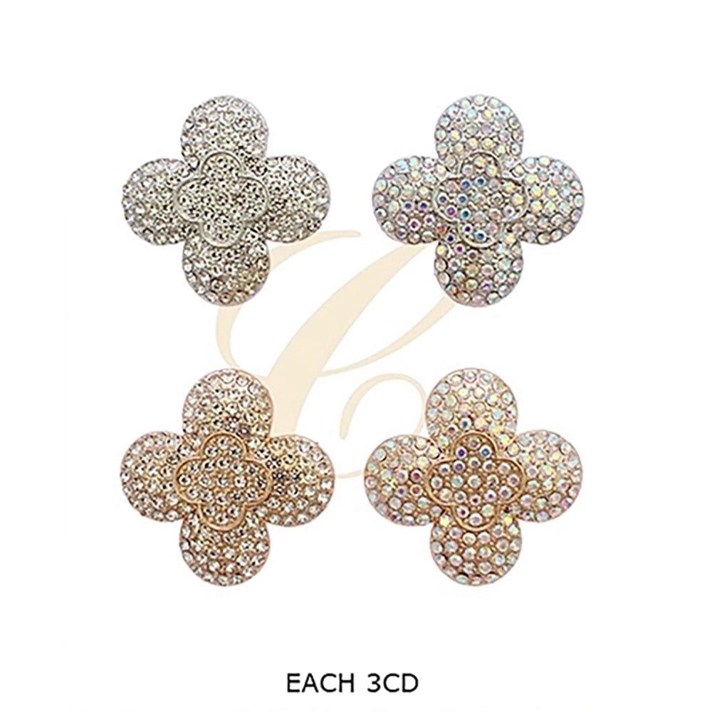 Full Pavé Four-Leaf Clover Crystal Rhinestone Brooch Pin 4.5cm | Luxury Clover Lapel Pin Assortment (12 Pack Bulk)  (RBC-0277GS)