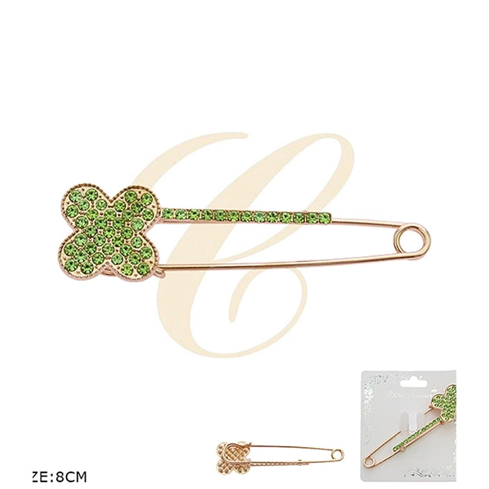 Sparkling Four-Leaf Clover Crystal Rhinestone Safety Pin Brooch 8cm | Lucky Clover Safety Pin Lapel Pin Assortment (12 Pack Bulk)  (RBC-0282R6)
