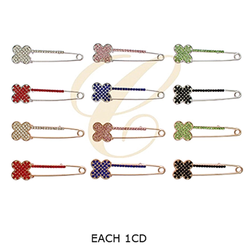 Sparkling Four-Leaf Clover Crystal Rhinestone Safety Pin Brooch 8cm | Lucky Clover Safety Pin Lapel Pin Assortment (12 Pack Bulk)  (RBC-0282R6)
