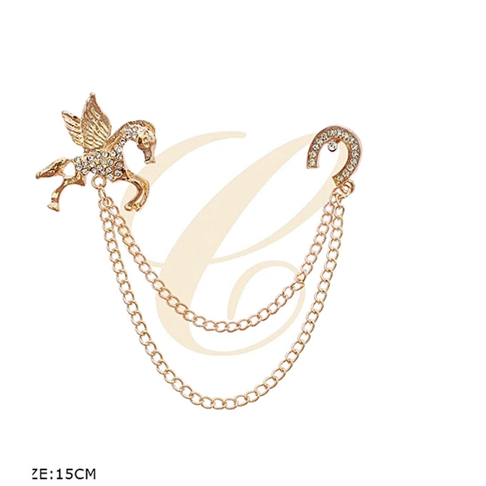 Pegasus Winged Horse Double Brooch Collar Pin with Hanging Chain  | Crystal Rhinestone Horseshoe Lapel Chain Brooch Assortment (12 Pack Bulk) RBC-0286GS
