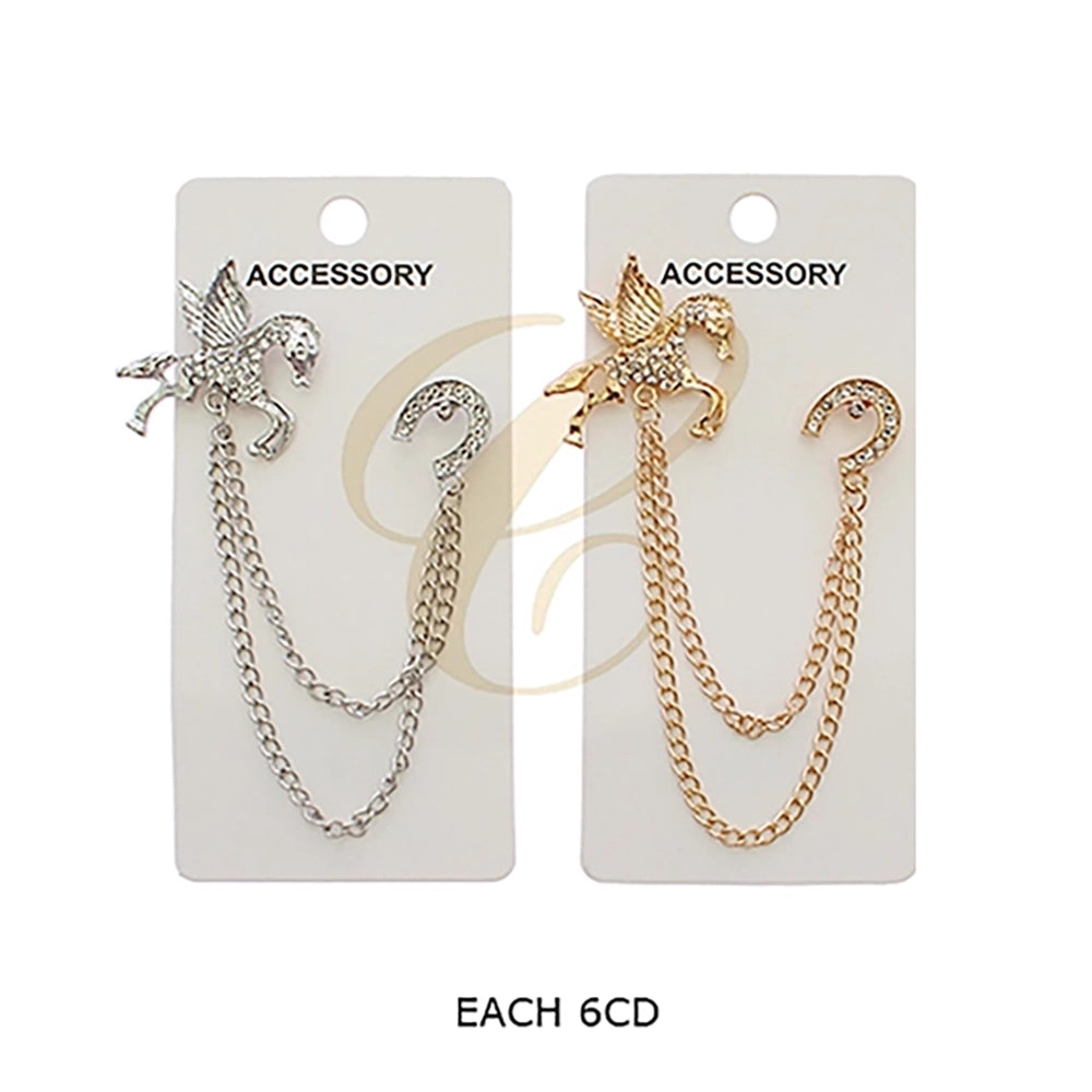Pegasus Winged Horse Double Brooch Collar Pin with Hanging Chain  | Crystal Rhinestone Horseshoe Lapel Chain Brooch Assortment (12 Pack Bulk) RBC-0286GS