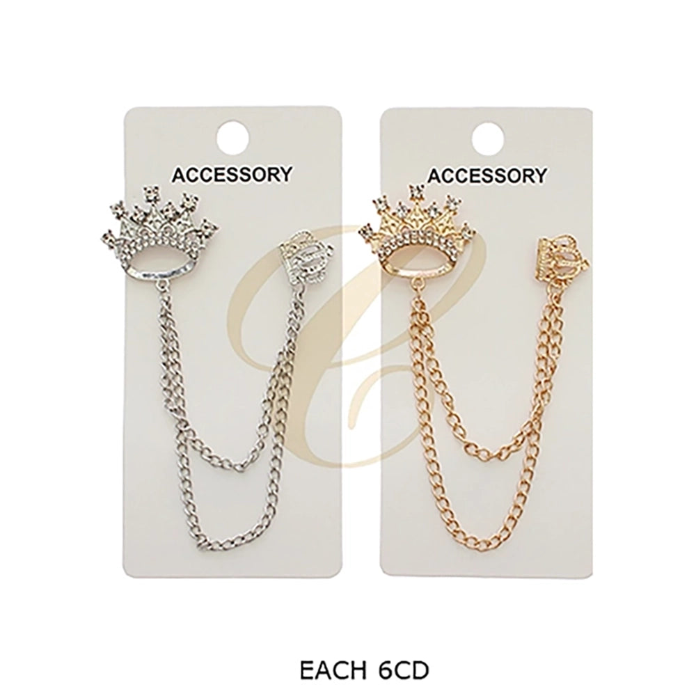 Royal Crown Double Brooch Collar Pin with Hanging Chain | Crystal Rhinestone Crown Collar Chain Brooch Assortment (12 Pack Bulk) (RBC-0287GS