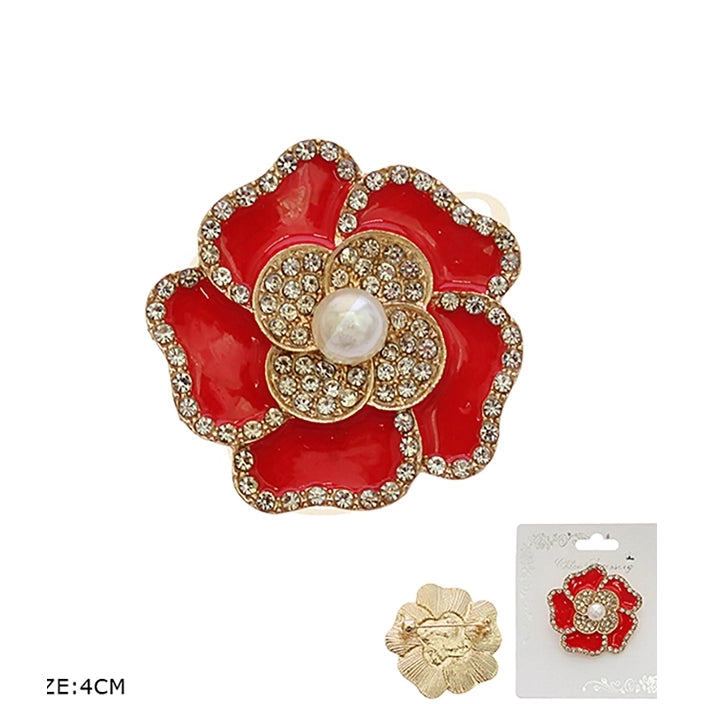 Elegant Camellia Flower Crystal Rhinestone & Pearl Enamel Brooch Pin 4cm | Multi-Color Blossom Lapel Pin Assortment (12 Pack Bulk)  RBC-0297R