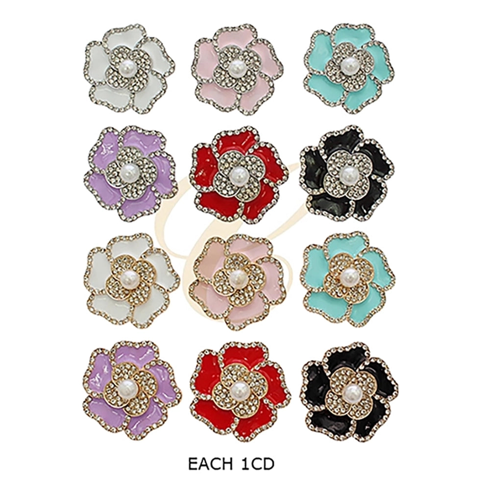 Elegant Camellia Flower Crystal Rhinestone & Pearl Enamel Brooch Pin 4cm | Multi-Color Blossom Lapel Pin Assortment (12 Pack Bulk)  RBC-0297R