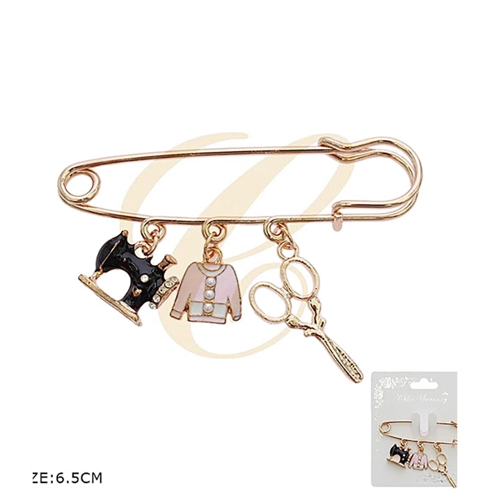 Vintage Sewing Machine & Tailor Tools Enamel Safety Pin Brooch  | Gold & Silver Charm Safety Pin Lapel Brooch Assortment (12 Pack Bulk) RBC-0308R